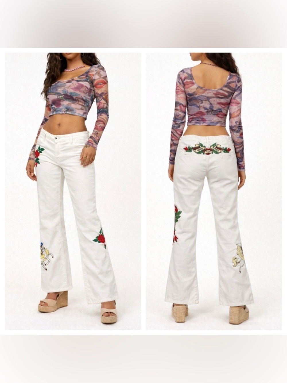 Johnny Was JWLA Living The Dream Embroidered Low Rise Bootcut Pants Y2K 2000s